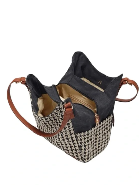 Black & Cream Houndstooth Shoulder Tote with Brown Leather Straps NWT - Picture 5 of 6